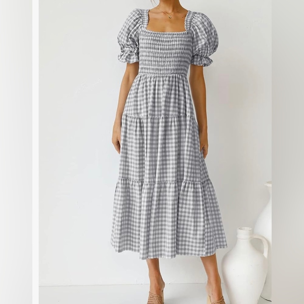 Cottagecore grey midi gingham dress L